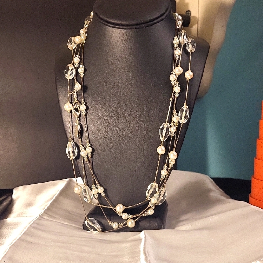 113. Talbot's 48" Double Strand Silvertone Faceted Glass Flapper Necklace